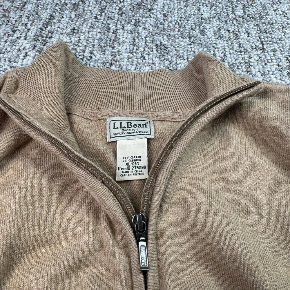 LL Bean Sweater Mens XL Pullover Cotton Cashmere Regular 1/4 Zip Beige Preppy